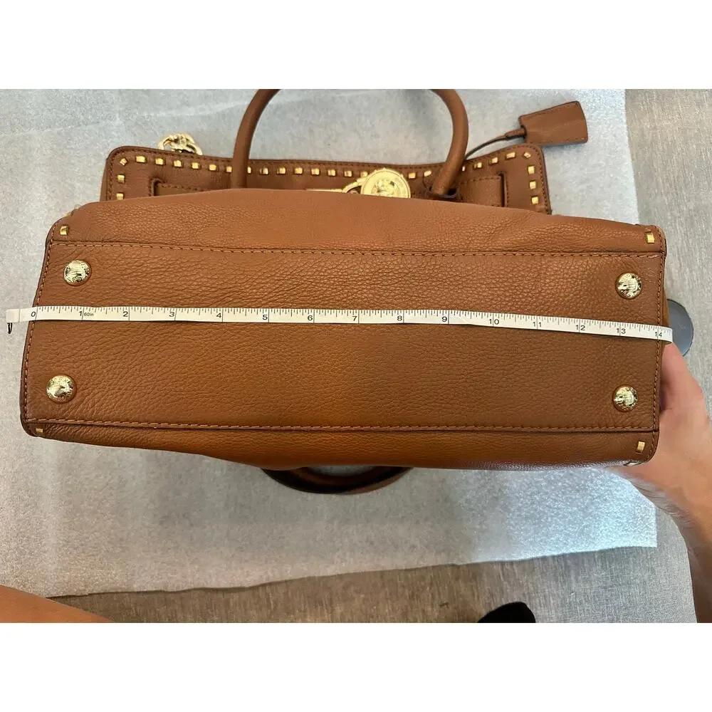 EUC Michael Kors Hamilton Large Studded Leather Tote Brown Gold Lock & Key Chain